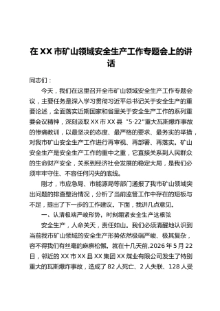 在XX市矿山领域安全生产工作专题会上的讲话