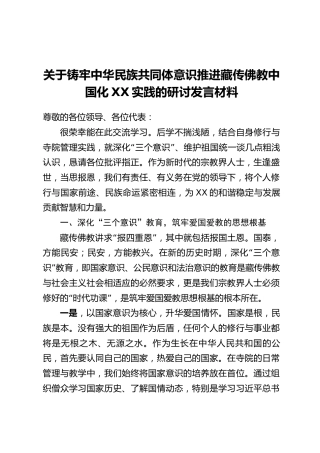 关于铸牢中华民族共同体意识推进藏传佛教中国化XX实践的研讨发言材料