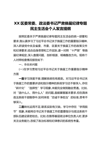 XX区委常委、政法委书记严肃换届纪律专题民主生活会个人发言提纲
