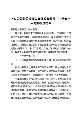 XX公司副总经理以案促改专题民主生活会个人对照检查材料