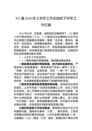 XX镇2026年上半年工作总结和下半年工作打算