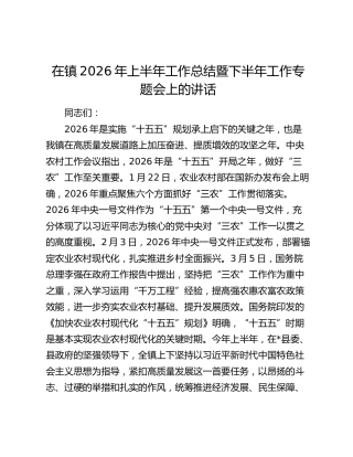 在镇2026年上半年工作总结暨下半年工作专题会上的讲话