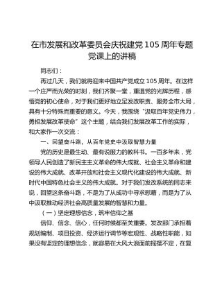 在市发展和改革委员会庆祝建党105周年专题党课上的讲稿