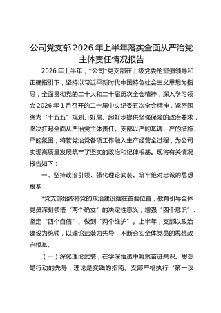 公司党支部2026年上半年落实全面从严治党主体责任情况报告