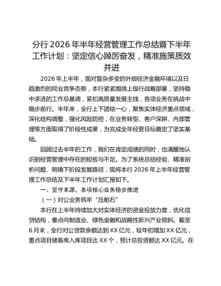 分行2026年半年经营管理工作总结暨下半年工作计划：坚定信心踔厉奋发，精准施策质效并进