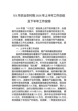 XX市农业农村局2026年上半年工作总结及下半年工作安排