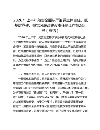 2026年上半年落实全面从严治党主体责任、抓基层党建、抓党风廉政建设责任制工作情况汇报（总结）