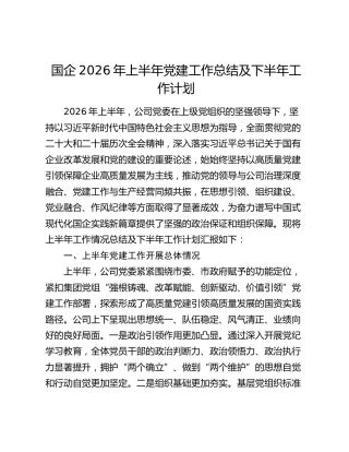国企2026年上半年党建工作总结及下半年工作计划