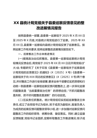 XX县统计局党组关于县委巡察反馈意见的整改进展情况报告