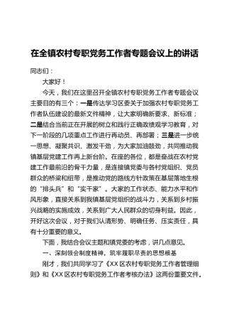 在全镇农村专职党务工作者专题会议上的讲话