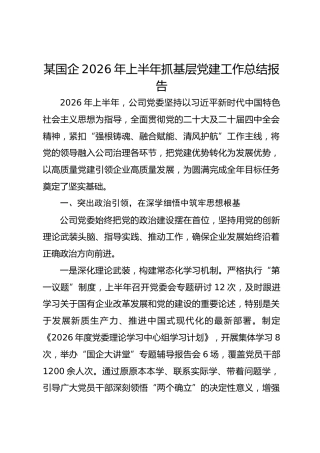 某国企2026年上半年抓基层党建工作总结报告