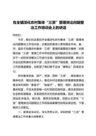 在全镇深化农村集体“三资”管理突出问题整治工作培训会上的讲话
