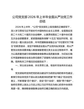 公司党支部2026年上半年全面从严治党工作总结