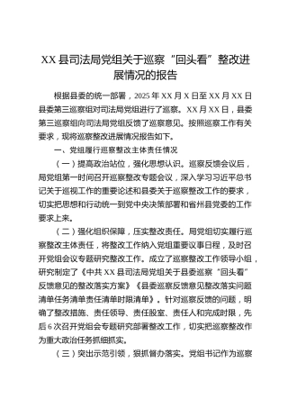 XX县司法局党组关于巡察“回头看” 整改进展情况的报告