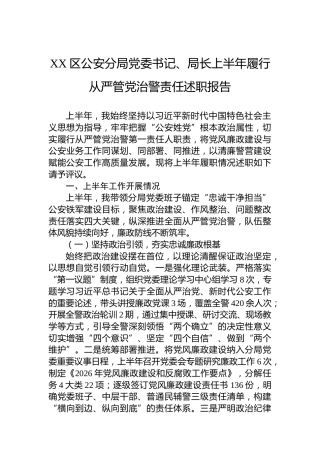 XX区公安分局党委书记、局长上半年履行从严管党治警责任述职报告