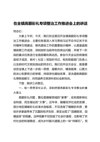在全镇高额彩礼专项整治工作推进会上的讲话
