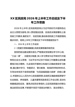 XX区民政局2026年上半年工作总结及下半年工作思路