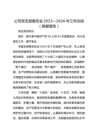 公司党支部委员会2023—2026年三年总结（换届报告）