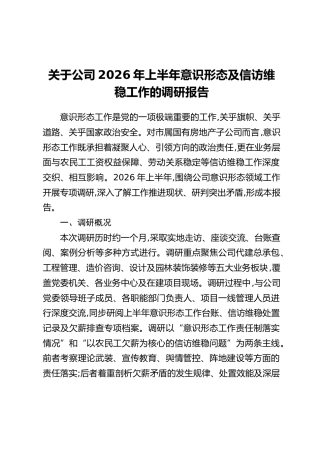 关于公司2026年上半年意识形态及信访维稳工作的调研报告