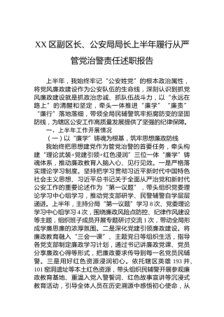 XX区副区长、公安局局长上半年履行从严管党治警责任述职报告