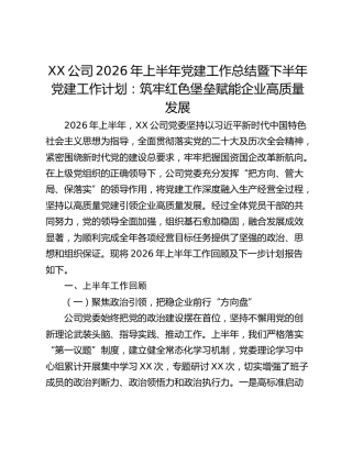 XX公司2026年上半年党建工作总结暨下半年党建工作计划