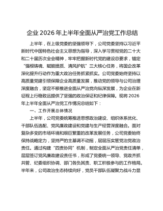 企业2026年上半年全面从严治党工作总结（2）