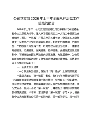 公司党支部2026年上半年全面从严治党工作总结的报告