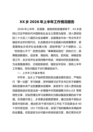 XX乡2026年上半年工作情况报告