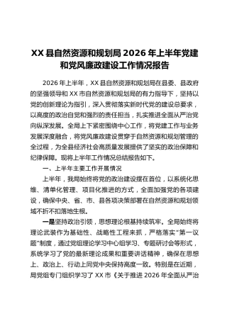 XX县自然资源和规划局2026年上半年党建和党风廉政建设工作情况报告