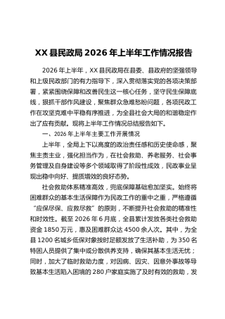 XX县民政局2026年上半年工作情况报告