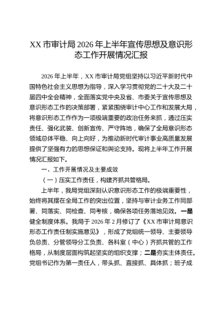 XX市审计局2026年上半年宣传思想及意识形态工作开展情况汇报