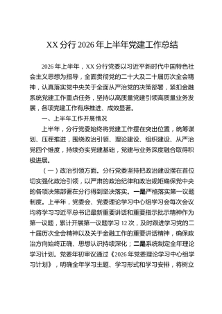 XX分行2026年上半年党建工作总结