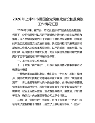 2026年上半年市属国企党风廉政建设和反腐败工作情况汇报