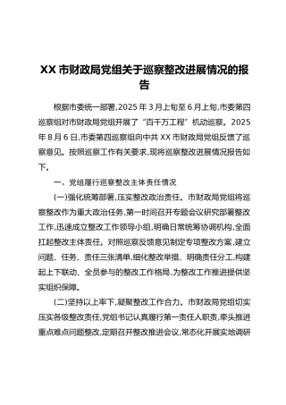 XX市财政局党组关于巡察整改进展情况的报告