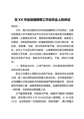 在XX市迎战强降雨工作动员会上的讲话
