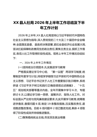 XX县人社局2026年上半年工作总结及下半年工作计划