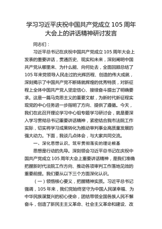 学习习近平庆祝中国共产党成立105周年大会上的讲话精神研讨发言（法院）