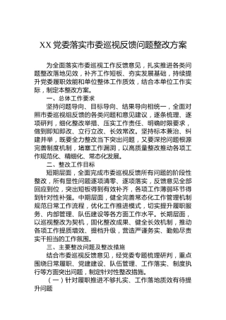 XX党委落实市委巡视反馈问题整改方案