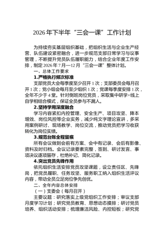2026年下半年“三会一课”工作计划