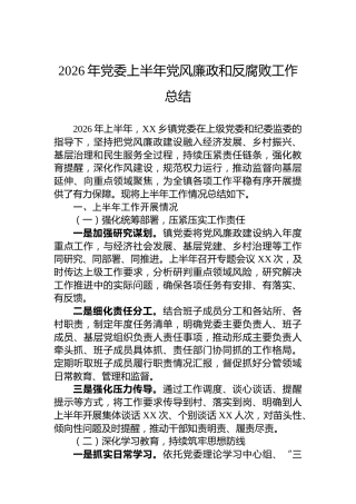 2026年党委上半年党风廉政和反腐败工作总结