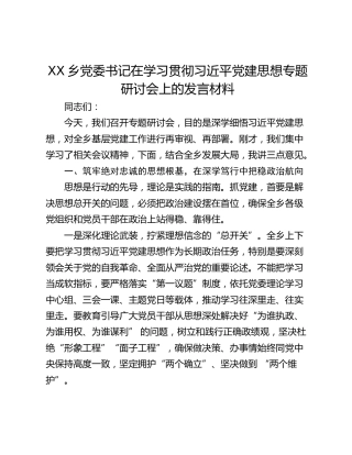 乡党委书记在学习贯彻习近平党建思想专题研讨会上的发言材料
