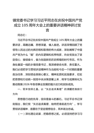 镇党委书记学习习近平同志在庆祝中国共产党成立105周年大会上的重要讲话精神研讨发言