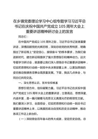 在乡镇党委理论学习中心组专题学习习近平总书记在庆祝中国共产党成立105周年大会上重要讲话精神研讨会上的发言