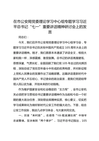 在市公安局党委理论学习中心组专题学习习近平总书记“七一”重要讲话精神研讨会上的发言