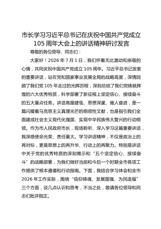 市长学习习近平总书记在庆祝中国共产党成立105周年大会上的讲话精神研讨发言
