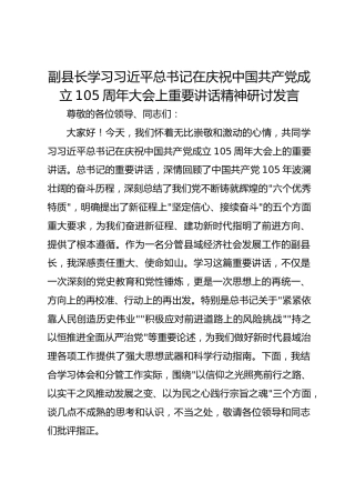 副县长学习习近平总书记在庆祝中国共产党成立105周年大会上重要讲话精神研讨发言