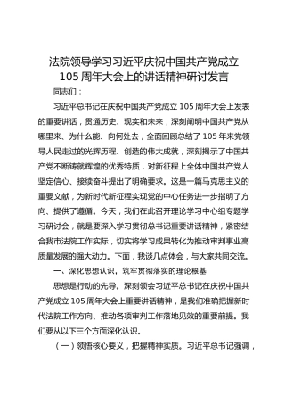 法院领导学习习近平庆祝中国共产党成立105周年大会上的讲话精神研讨发言