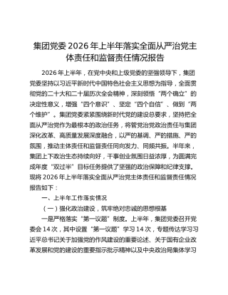 集团党委2026年上半年落实全面从严治党主体责任和监督责任情况报告