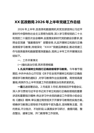 XX区政数局2026年上半年党建工作总结