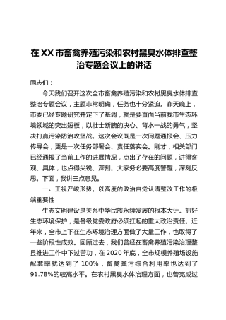 在XX市畜禽养殖污染和农村黑臭水体排查整治专题会议上的讲话